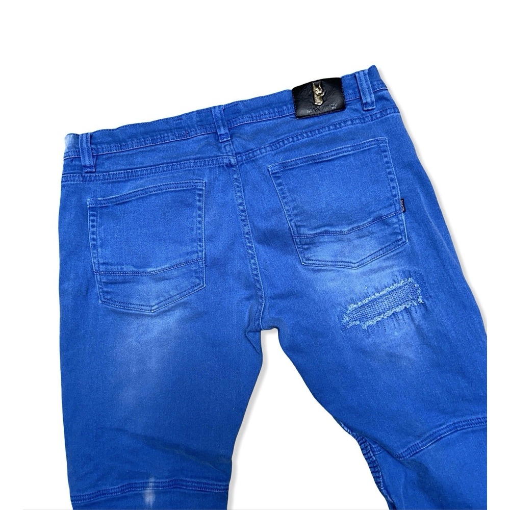 Makobi Biker Moto Jeans Blue Distressed Zip Pocket Skinny Denim 36x32 - Picture 8 of 11